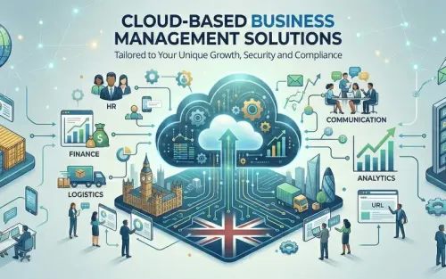 Illustration of cloud-based business management solutions