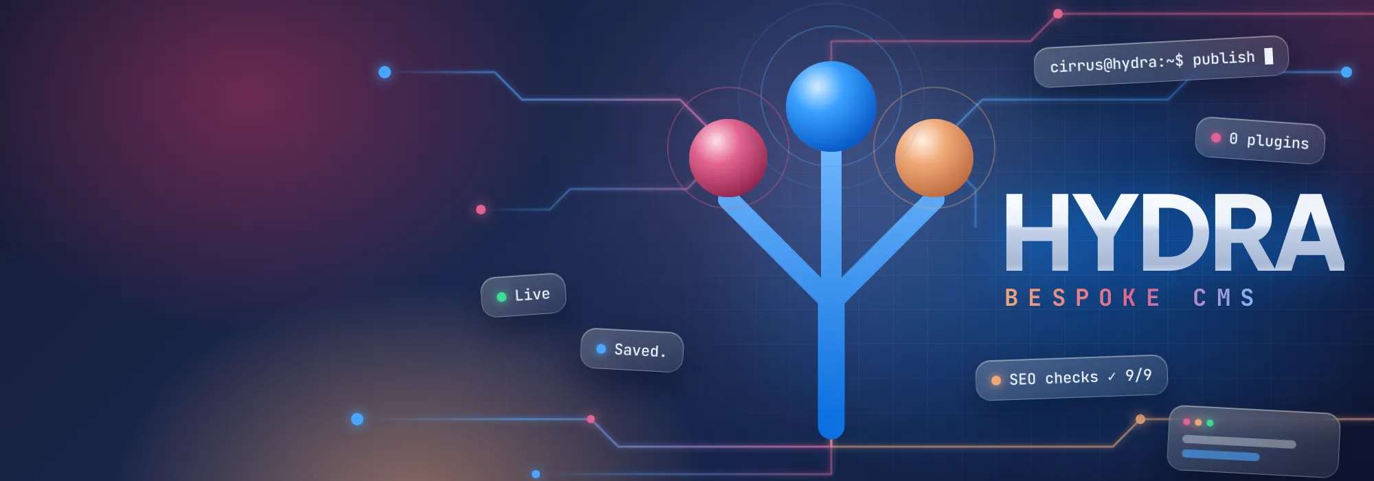 The Hydra bespoke CMS logo: three glowing heads on circuit traces, with floating Live, Saved and SEO checks labels