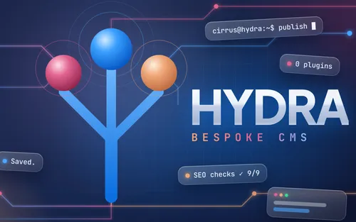 The Hydra bespoke CMS logo on a navy circuit background