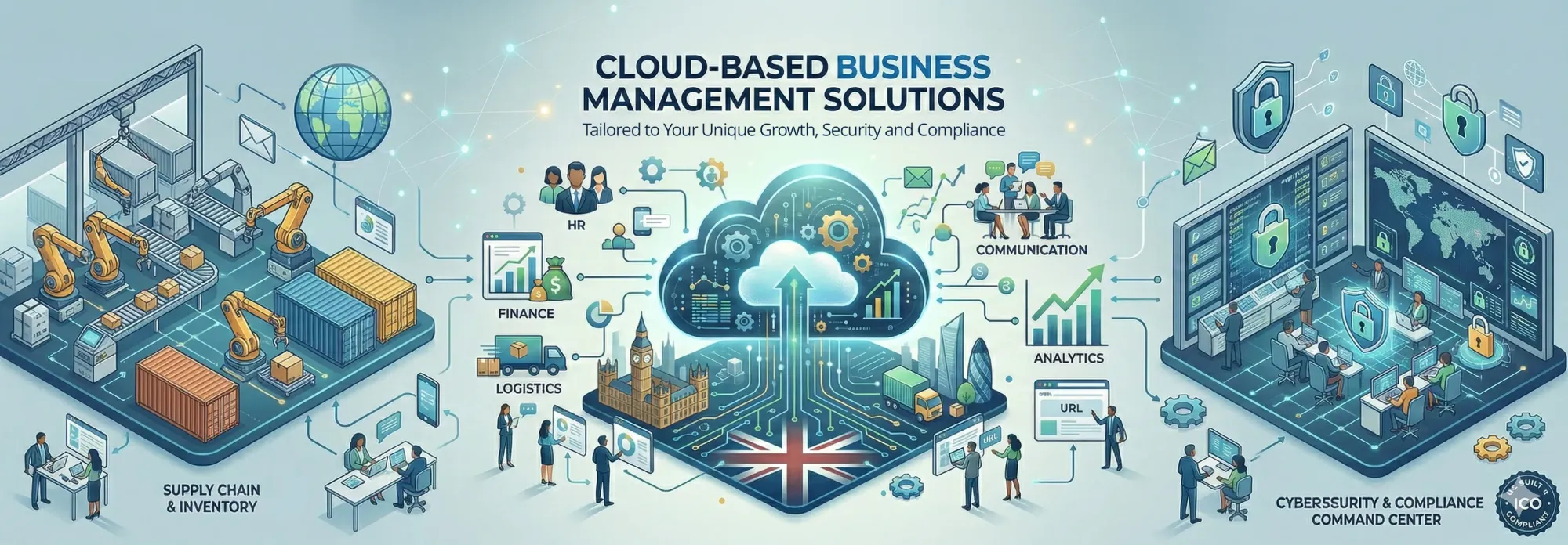 Illustration of cloud-based business management solutions linking supply chain, finance, HR, communication, analytics and cybersecurity