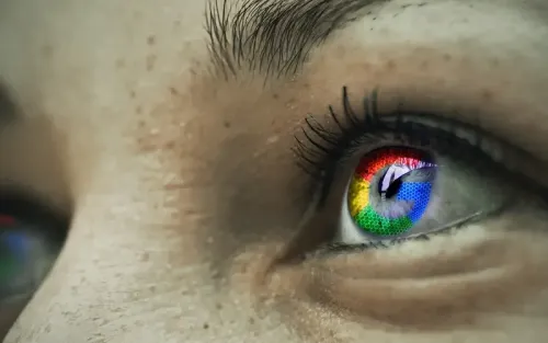 Close-up of an eye with an iris in Google’s colours